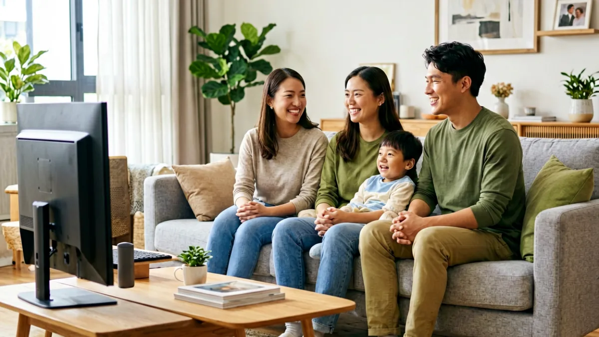 现代客厅场景中，年轻用户家庭聚在一起坐在沙发上观看电视上的高清电影和电视剧，气氛温馨愉快